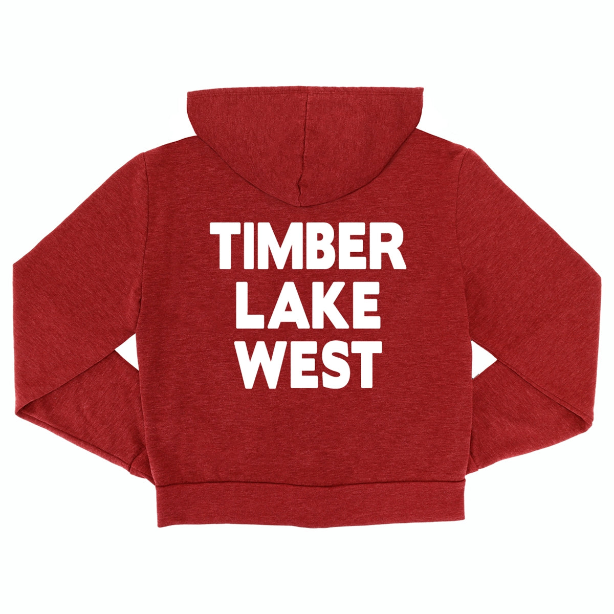 Red hooded sweatshirt with Timber Lake West printed in white on the back