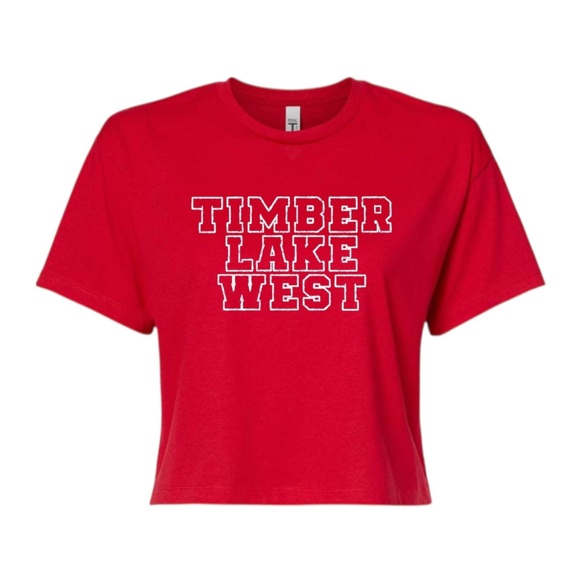 Red cropped t-shirt with white Timber Lake West text