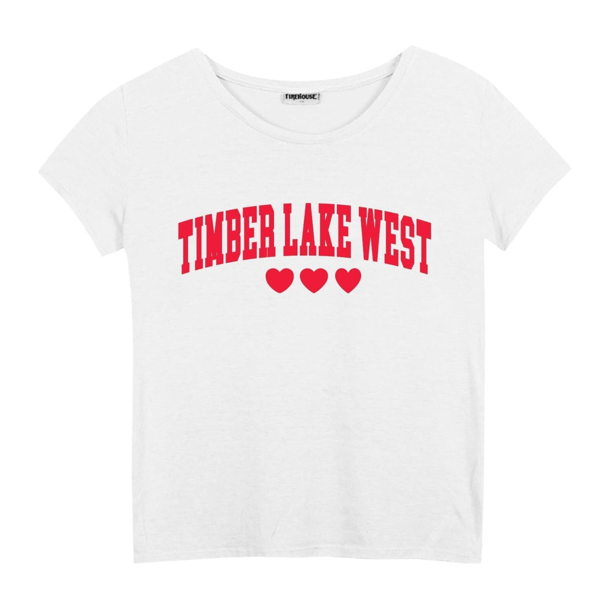 White short sleeve t-shirt with Timber Lake West text and three red hearts printed on the front