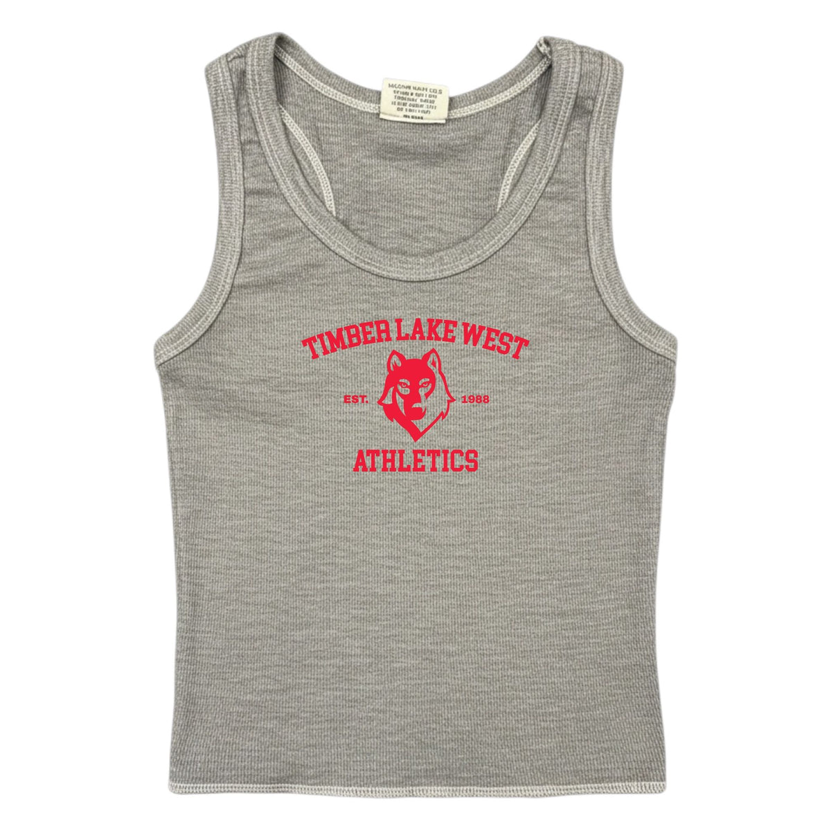 Grey ribbed tank top with red Timber Lake West Athletics wolf logo graphic