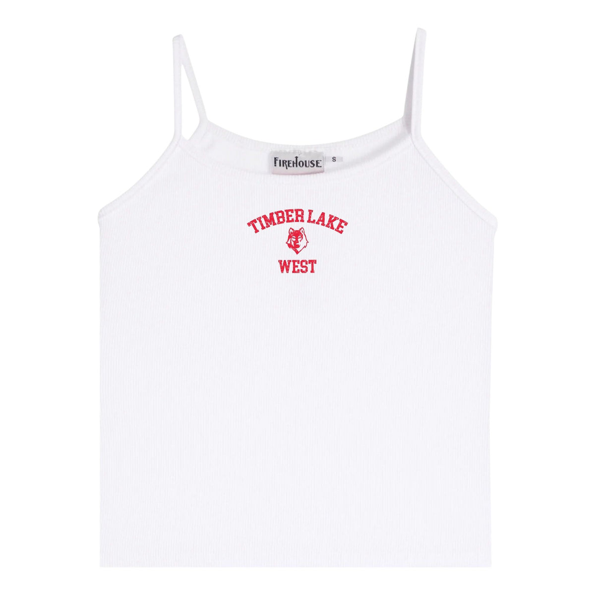 White ribbed camisole with Timber Lake West text and wolf graphic in red