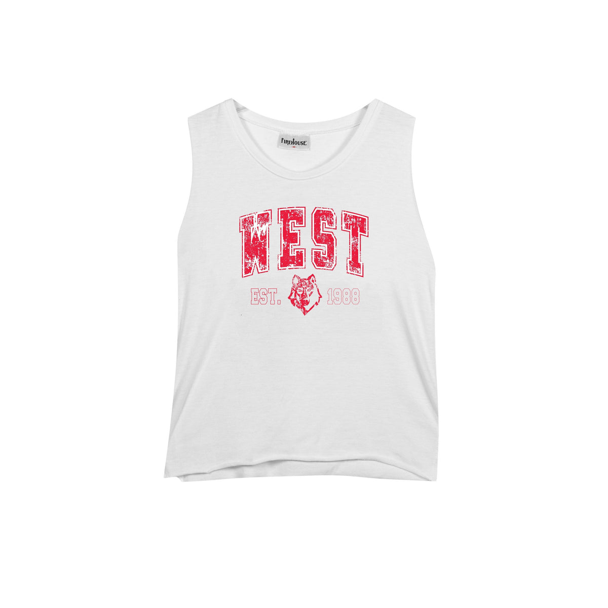 White sleeveless tank top with red West text and wolf graphic