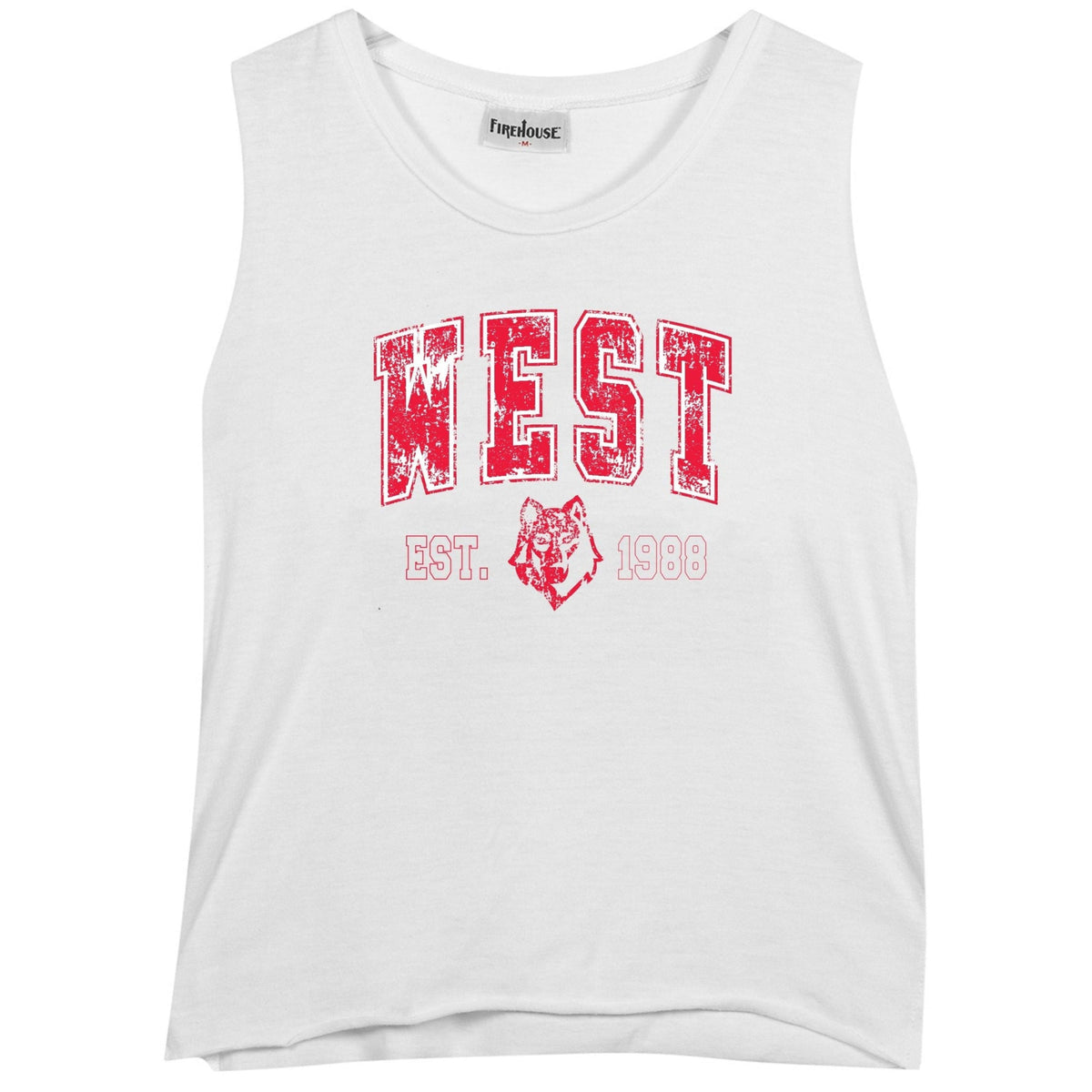 White sleeveless tank top with red West text and wolf graphic