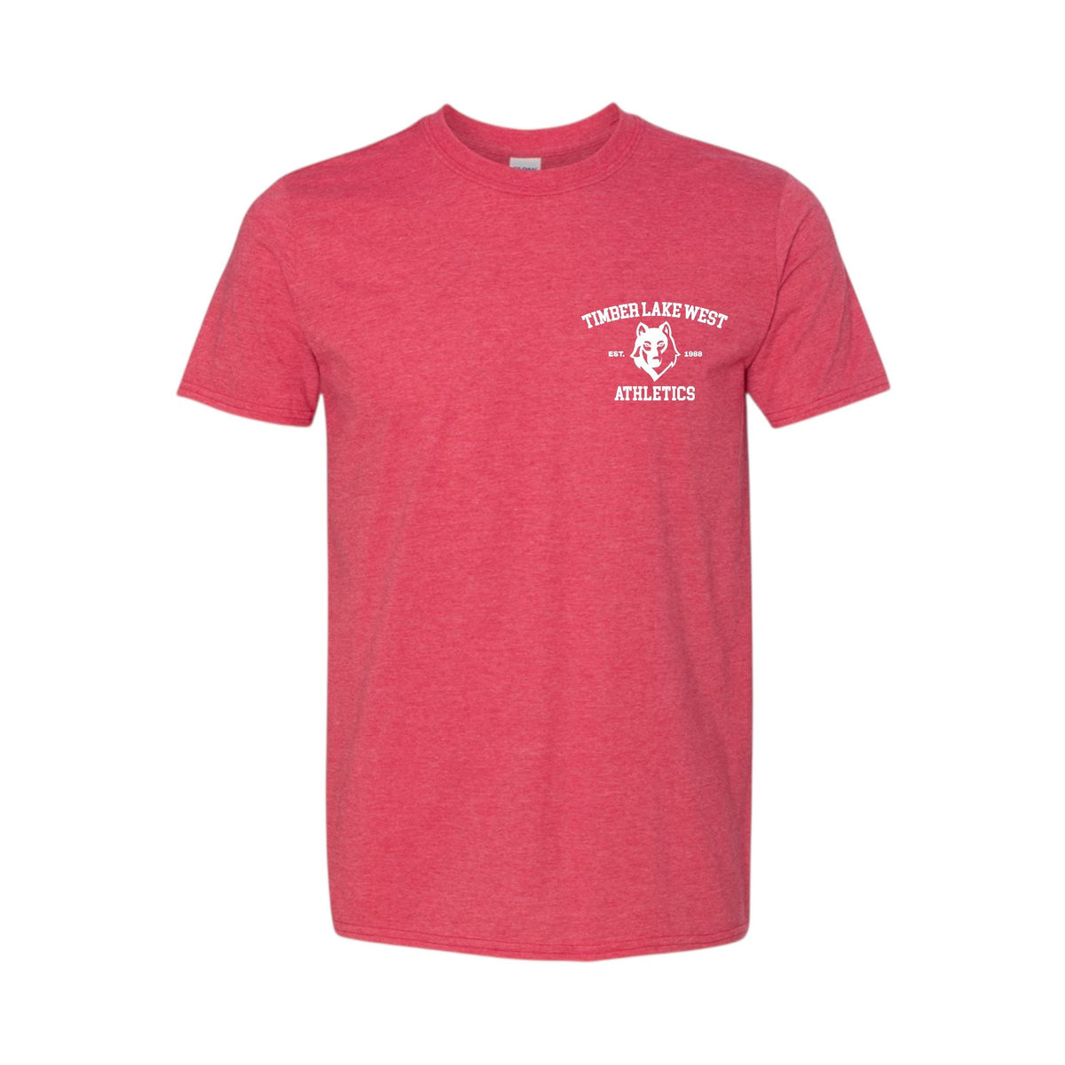 Red heathered t-shirt with Timber Lake West Athletics wolf logo on left chest