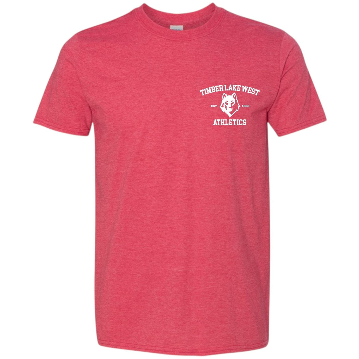 Red heathered t-shirt with Timber Lake West Athletics wolf logo on left chest