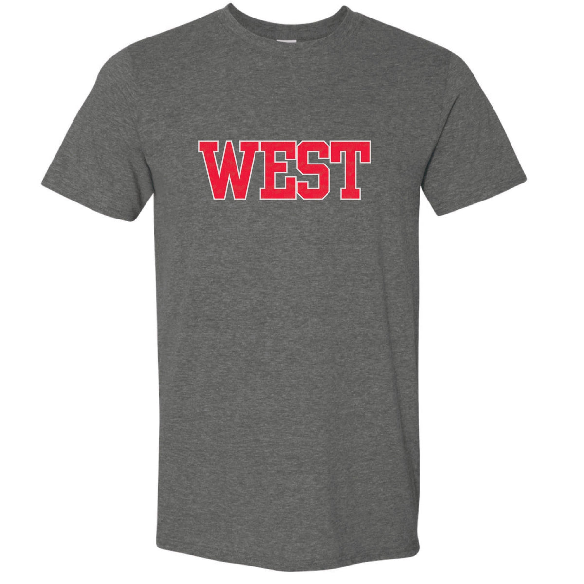 Dark grey short sleeve t-shirt with red West text on chest