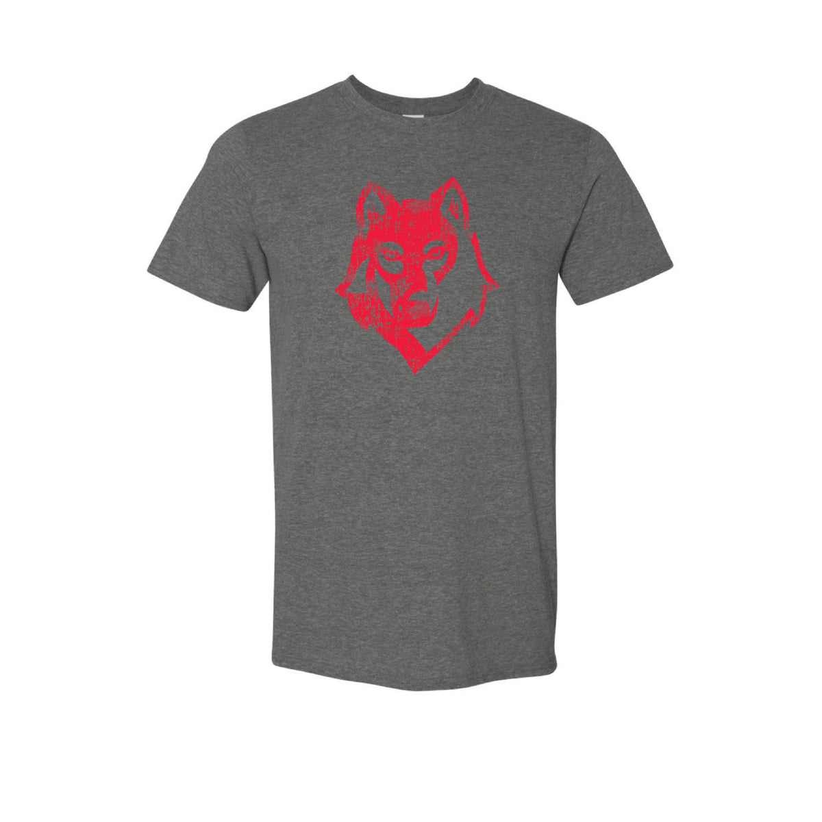 Dark grey t-shirt with a red distressed wolf head graphic on the chest
