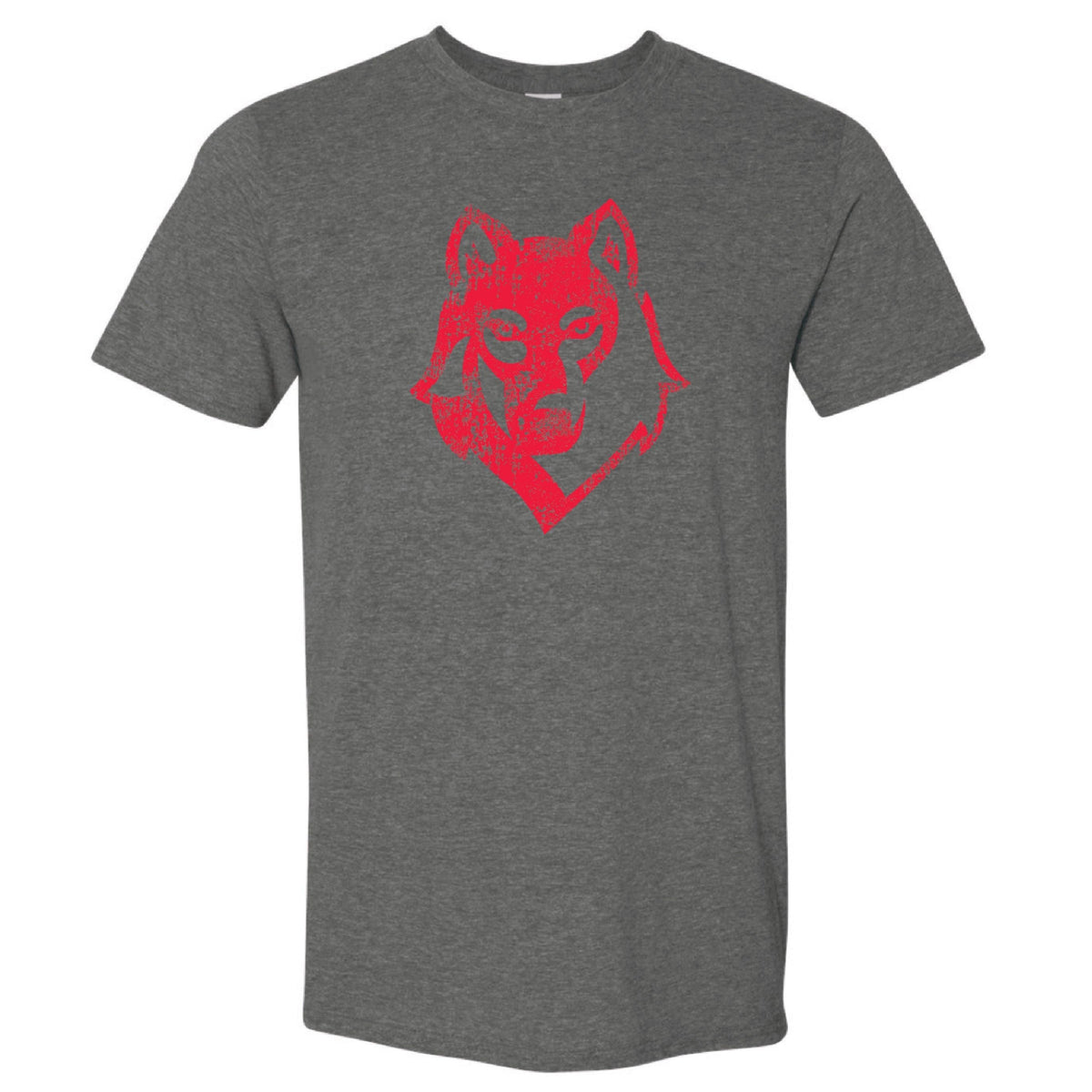 Dark grey t-shirt with a red distressed wolf head graphic on the chest