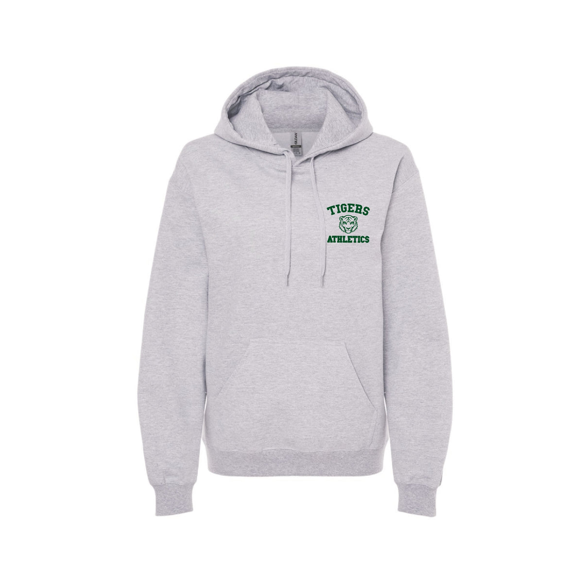 Light grey pullover hoodie with Tigers Athletics logo in green on the chest