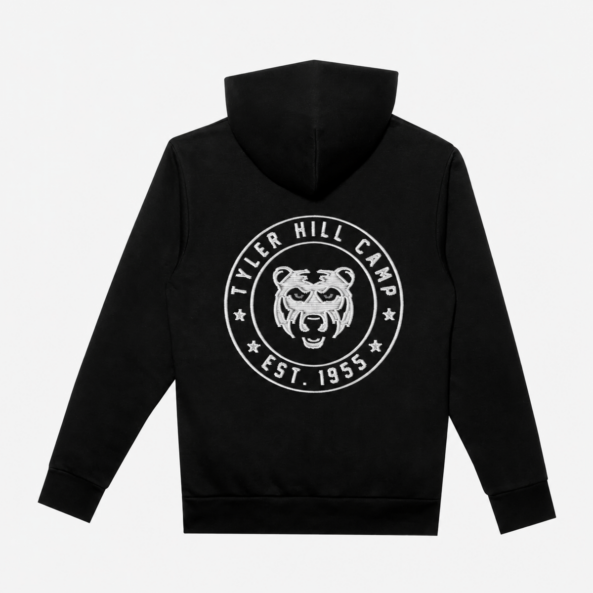 Back view of black hoodie with white Tyler Hill Camp bear logo embroidery