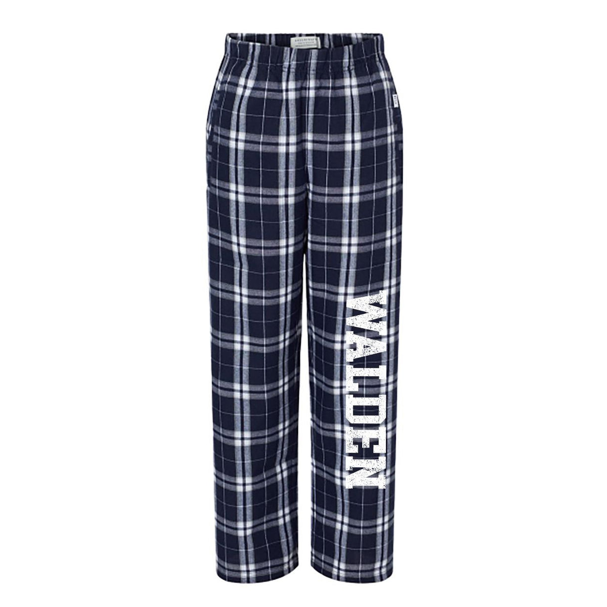 Navy and white plaid flannel pajama pants with Walden printed on the left leg