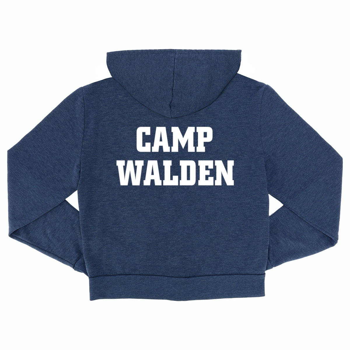 Back view of a blue hooded sweatshirt with white Camp Walden text