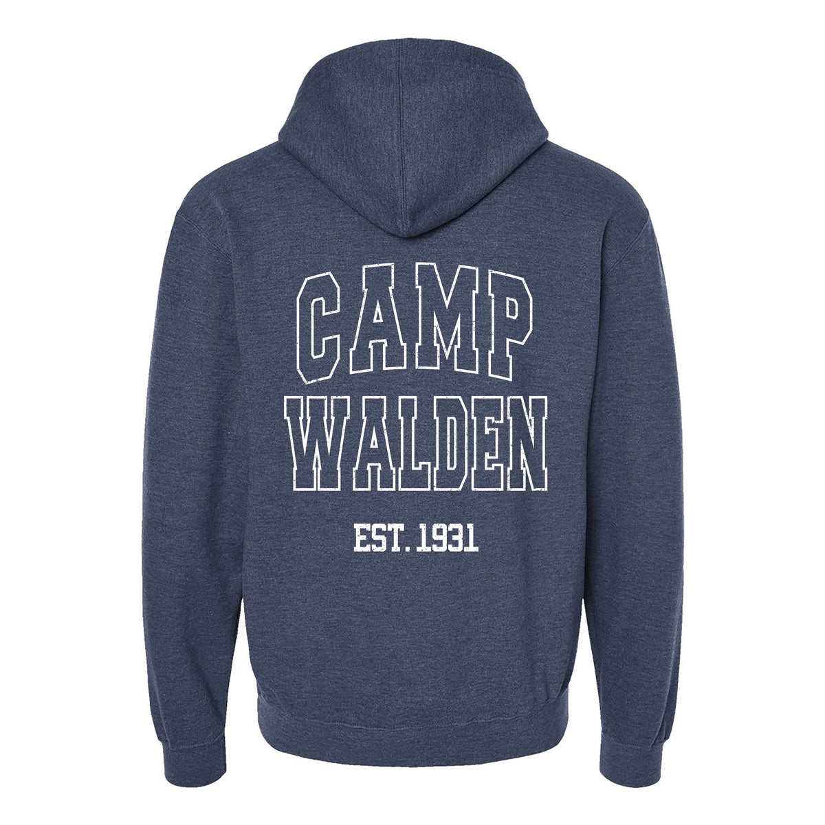 Navy blue hoodie with white Camp Walden Est 1931 text on the back