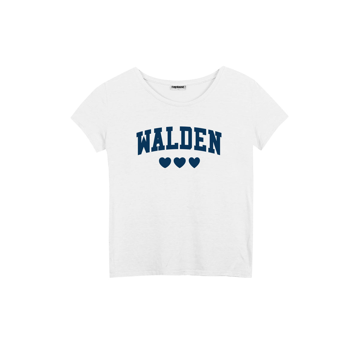 White short sleeve t-shirt with Walden text and three hearts in dark blue
