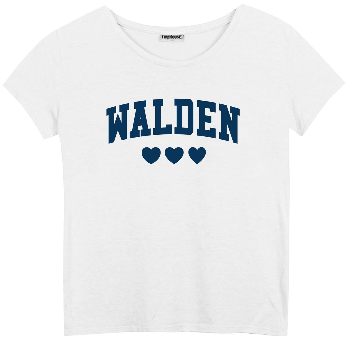 White short sleeve t-shirt with Walden text and three hearts in dark blue
