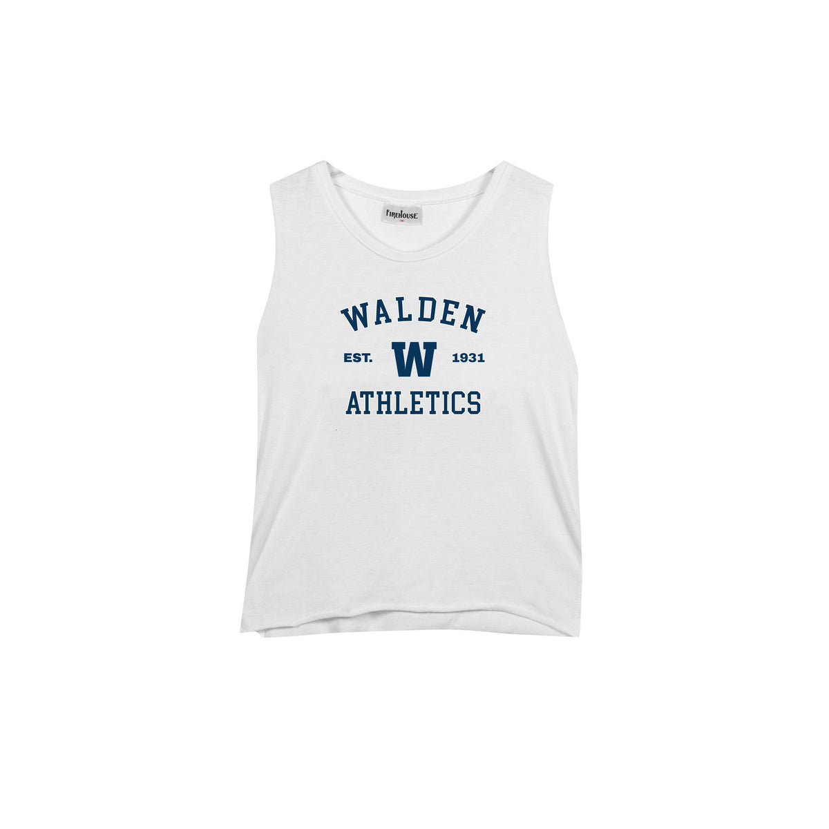 White sleeveless tank top with Walden Athletics text and W logo in navy blue
