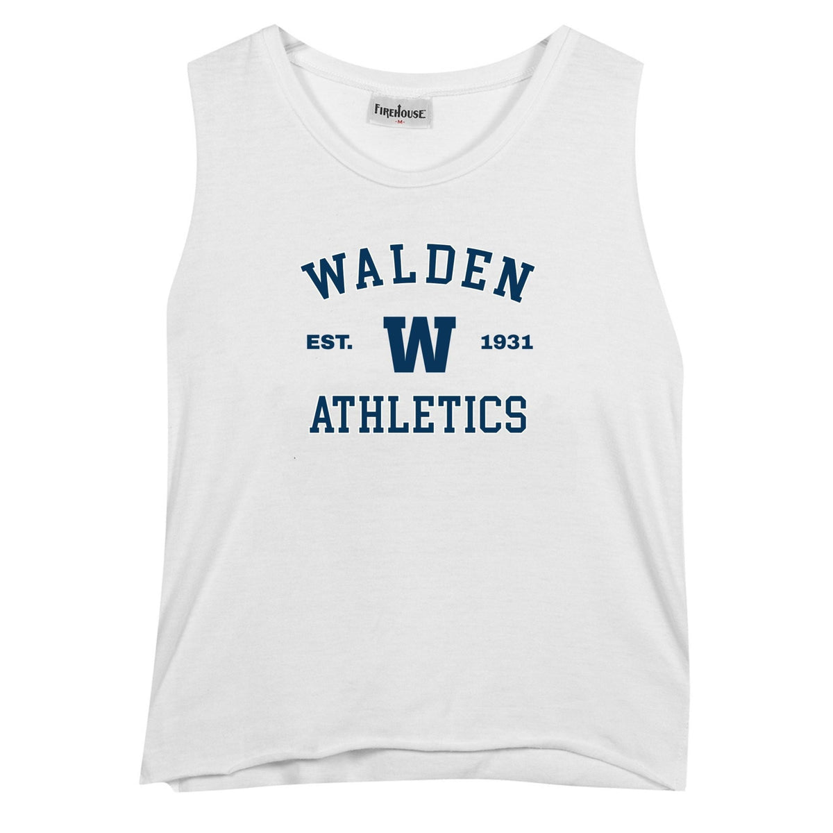 White sleeveless tank top with Walden Athletics text and W logo in navy blue