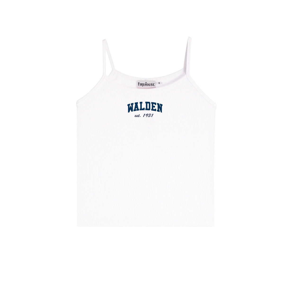 White ribbed camisole with Walden est 1931 text graphic