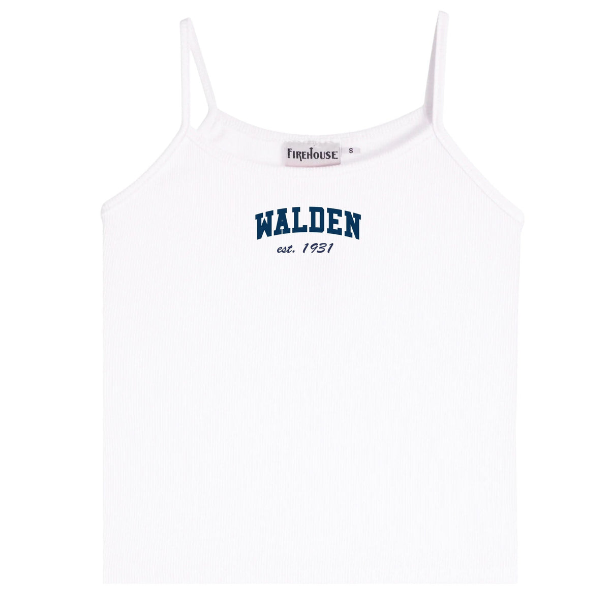 White ribbed camisole with Walden est 1931 text graphic