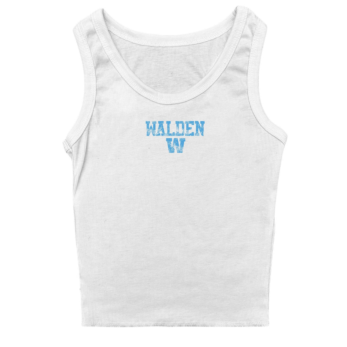 White ribbed tank top with blue Walden W graphic on chest