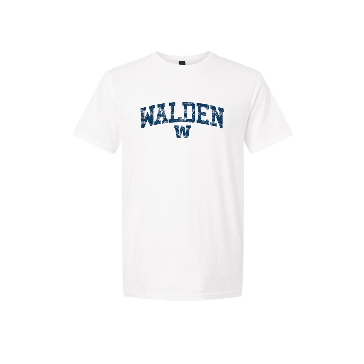 White short sleeve t-shirt with blue distressed Walden W text graphic on chest