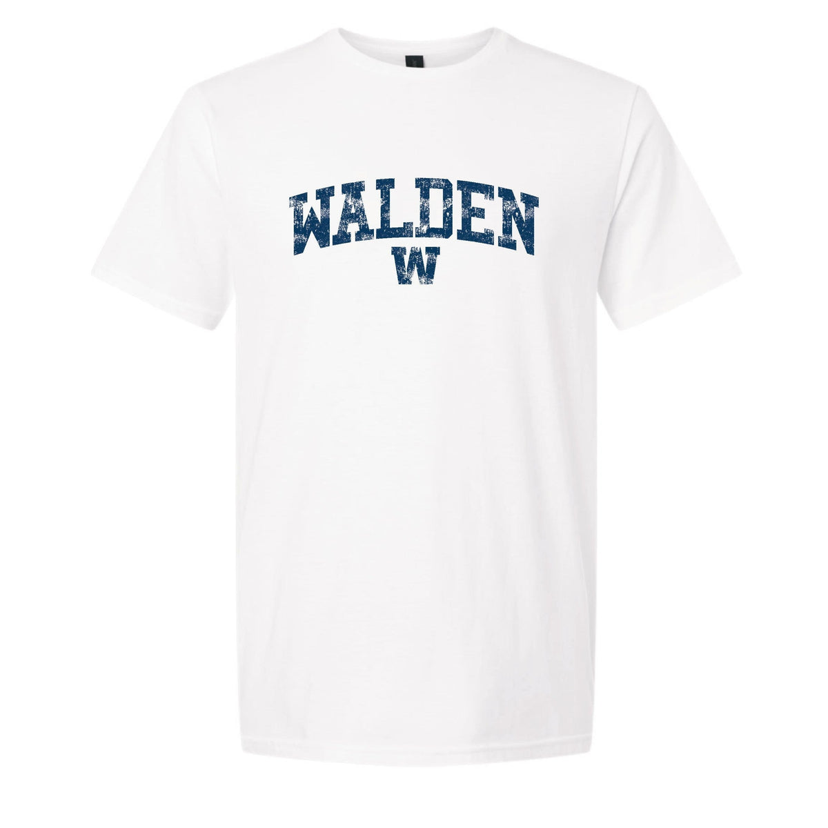 White short sleeve t-shirt with blue distressed Walden W text graphic on chest