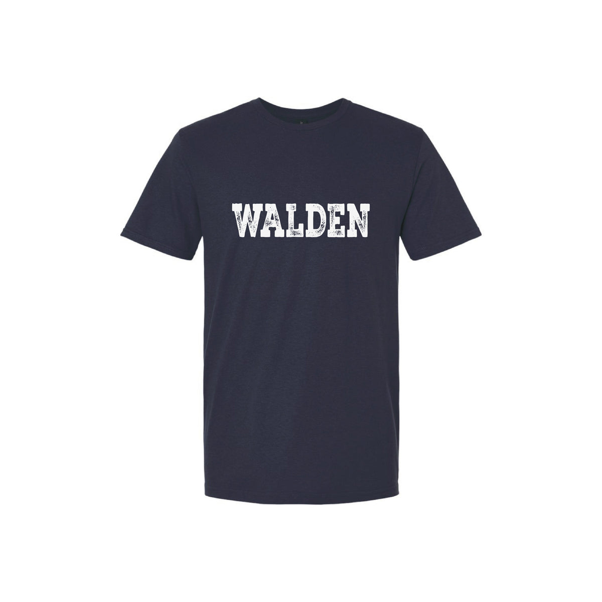 Dark navy short sleeve t-shirt with white distressed Walden text graphic on chest