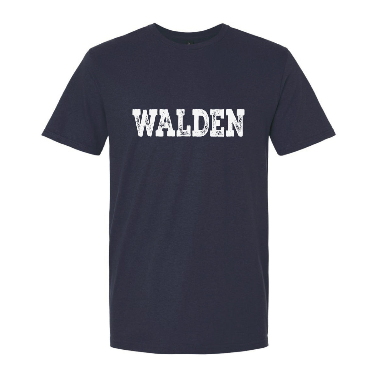 Dark navy short sleeve t-shirt with white distressed Walden text graphic on chest