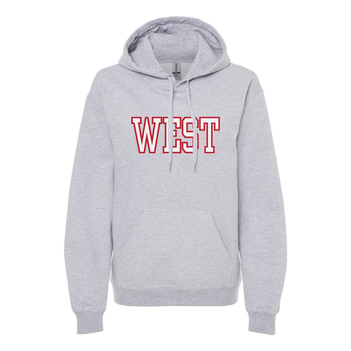 Grey hooded sweatshirt with red West text in block lettering