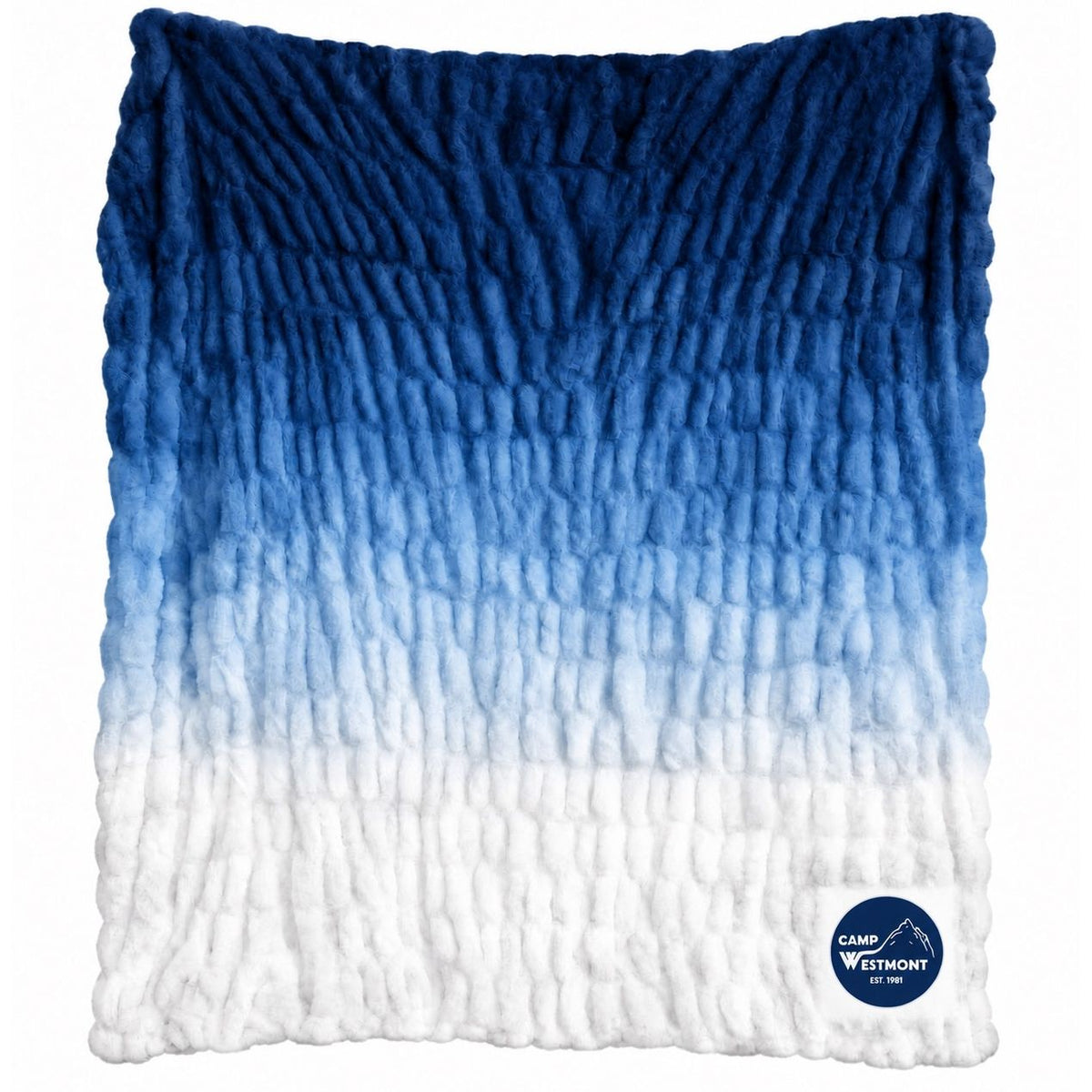Blue and white ombre textured throw blanket with Camp Westmont logo