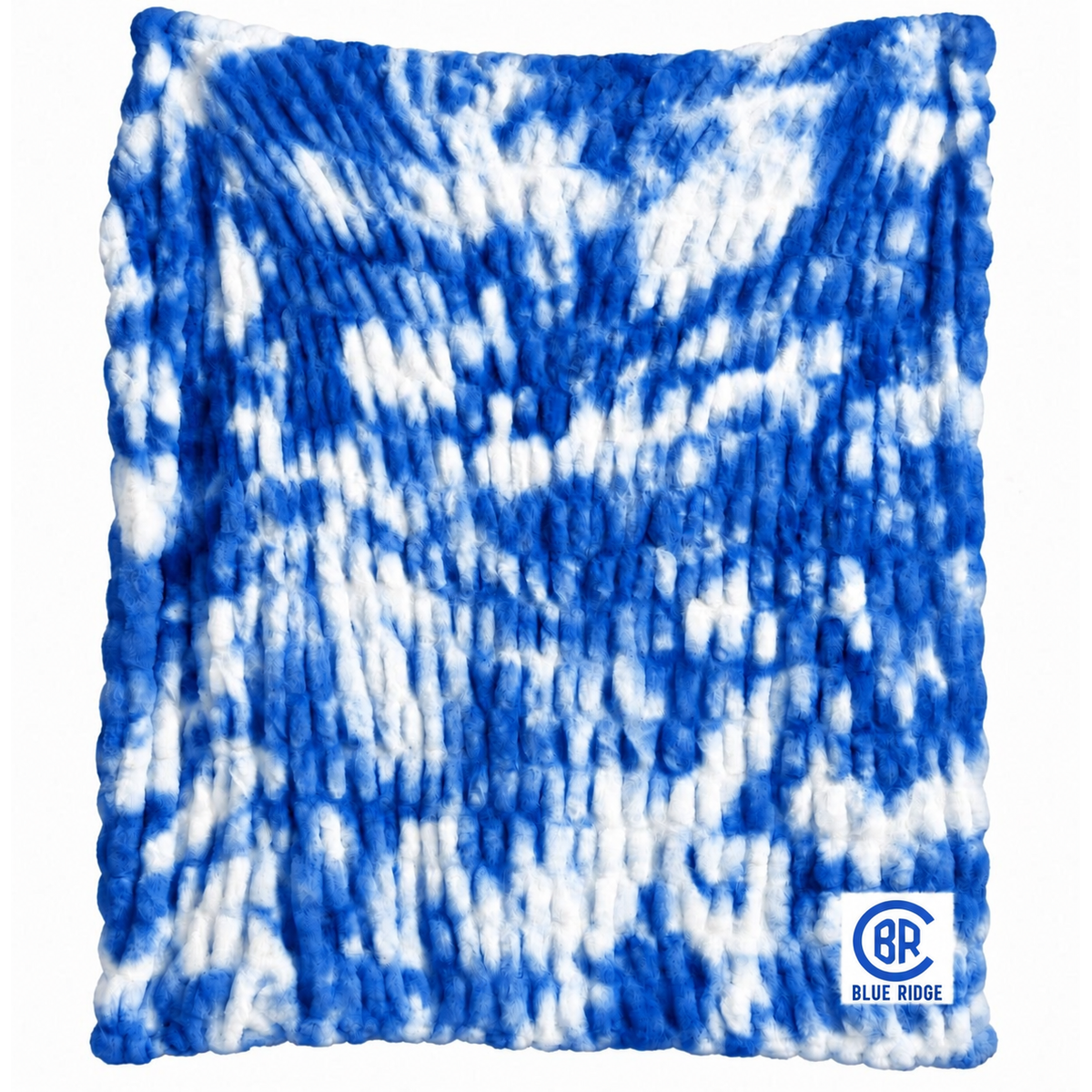 Blue and white tie dye textured knit blanket with Blue Ridge logo