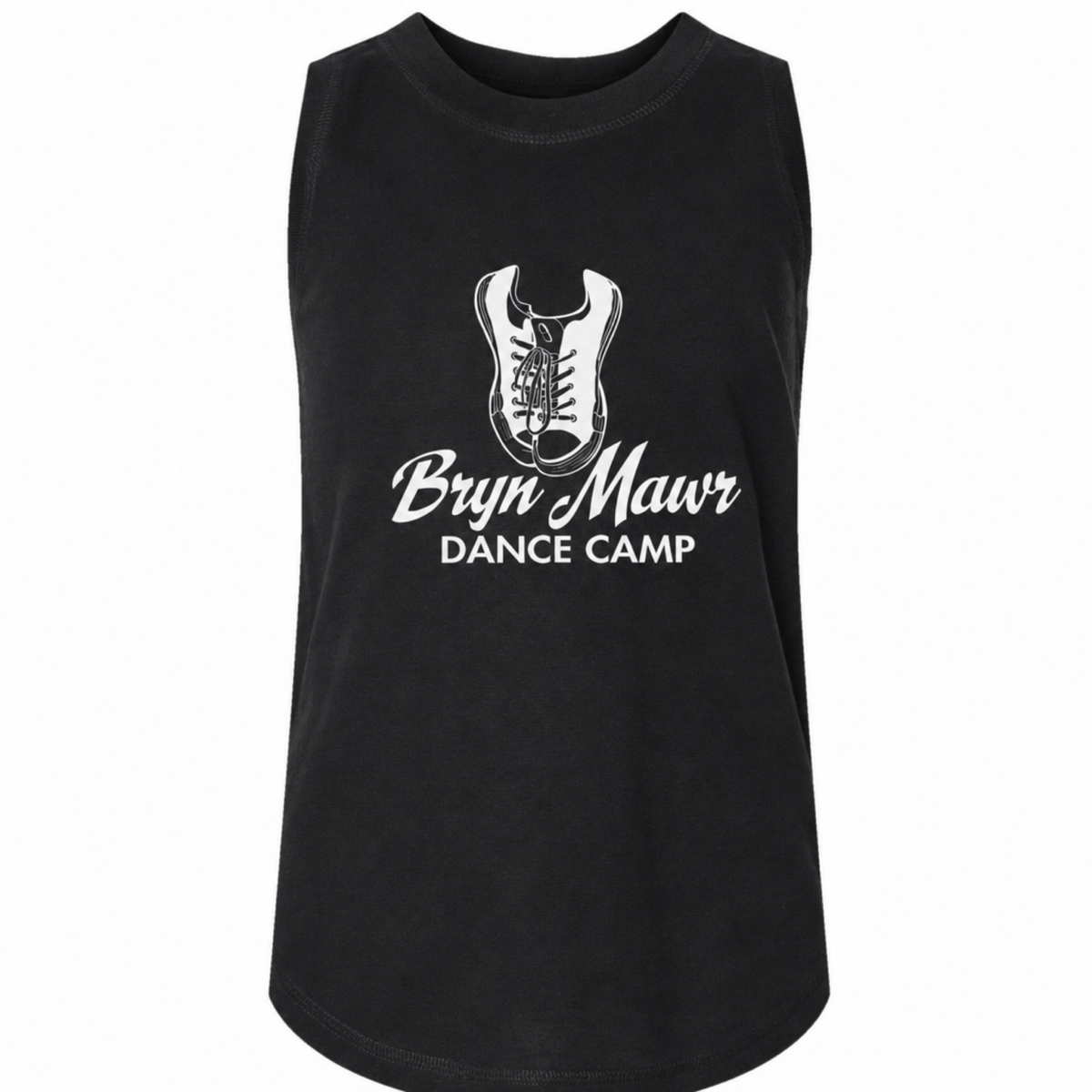 Black sleeveless tank top with white Bryn Mawr Dance Camp logo and dance shoe graphic