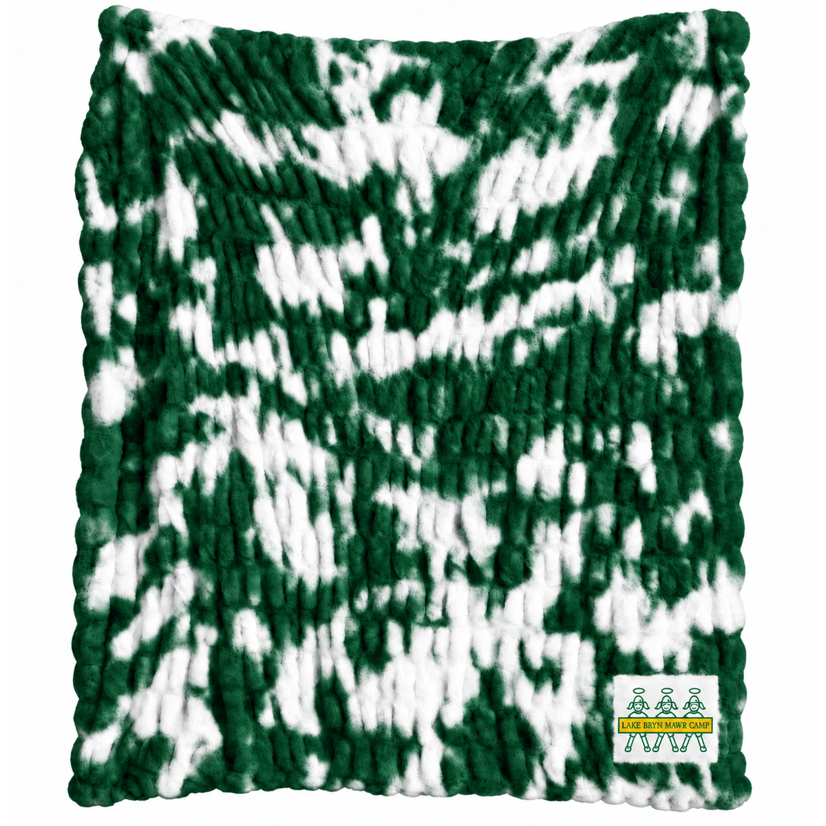 Green and white tie dye plush blanket with Lake Bryn Mawr Camp logo patch