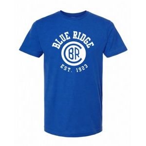 Blue short sleeve t-shirt with white Blue Ridge 1923 graphic on chest