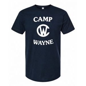 Navy blue short sleeve t-shirt with white Camp Wayne text and logo
