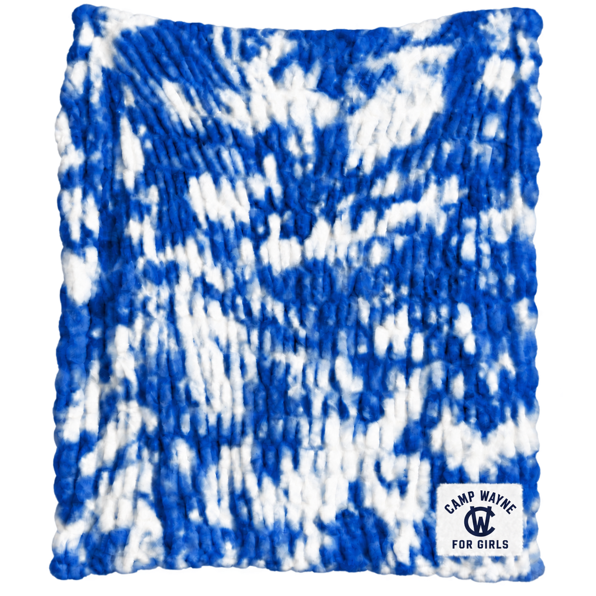 Blue and white tie dye textured throw blanket with Camp Wayne for Girls logo patch