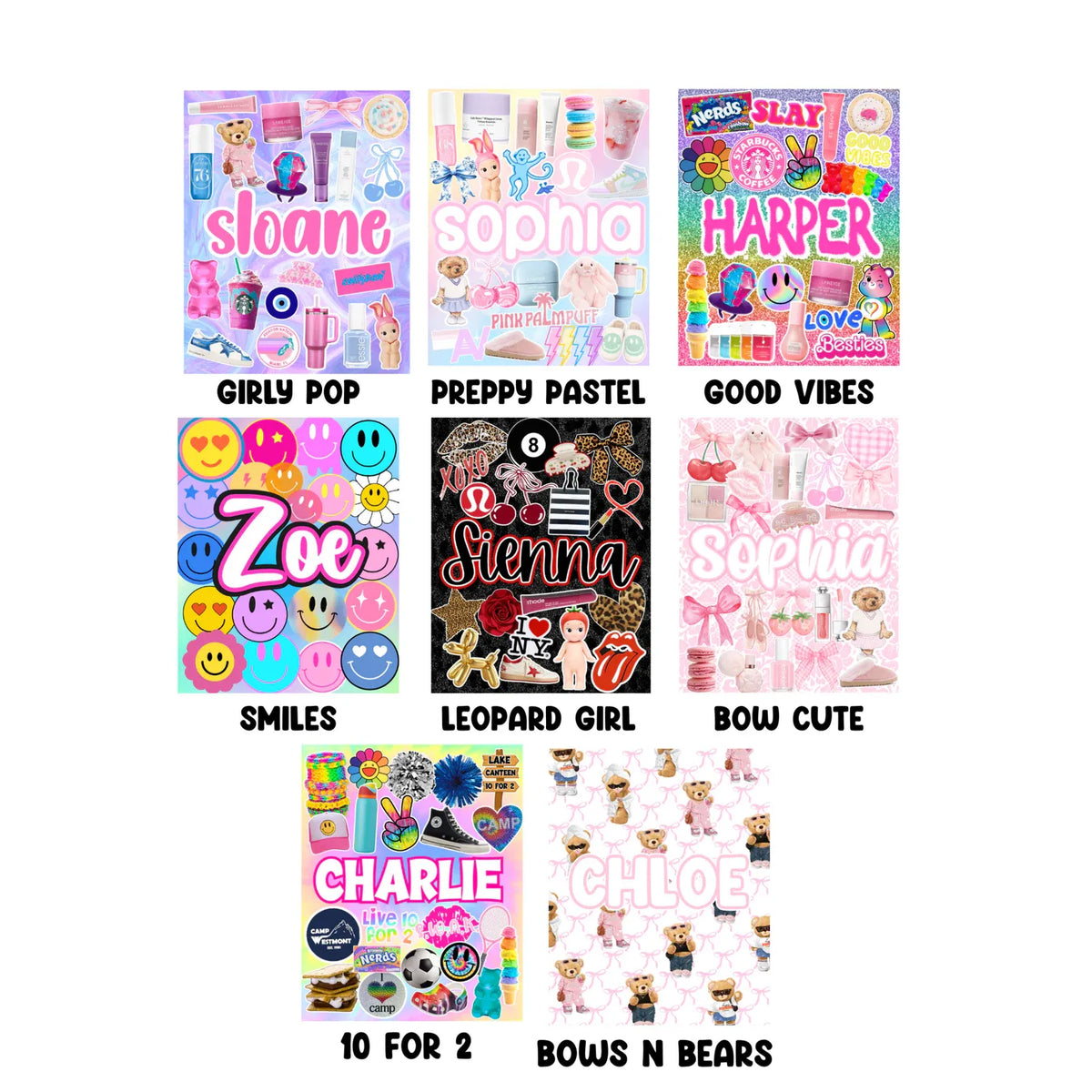Collage of eight personalized name designs featuring various aesthetic themes and icons
