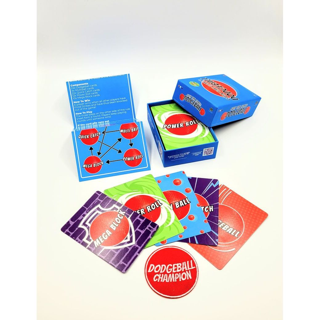 Dodgeball card game box with instruction sheet and assorted playing cards