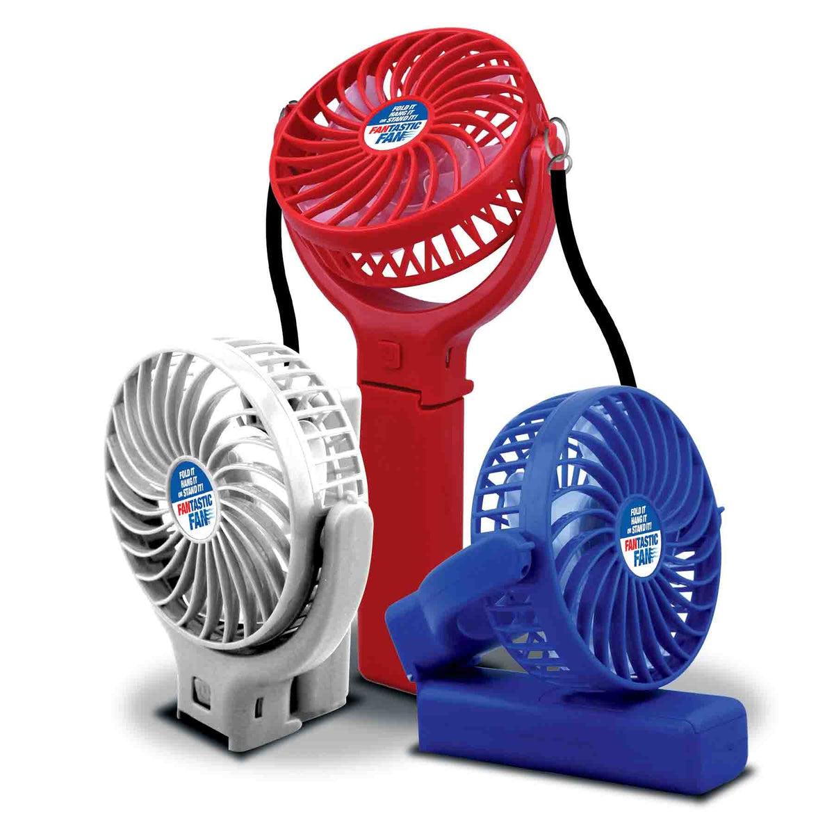 Three portable handheld fans in red white and blue with folding stands and neck straps
