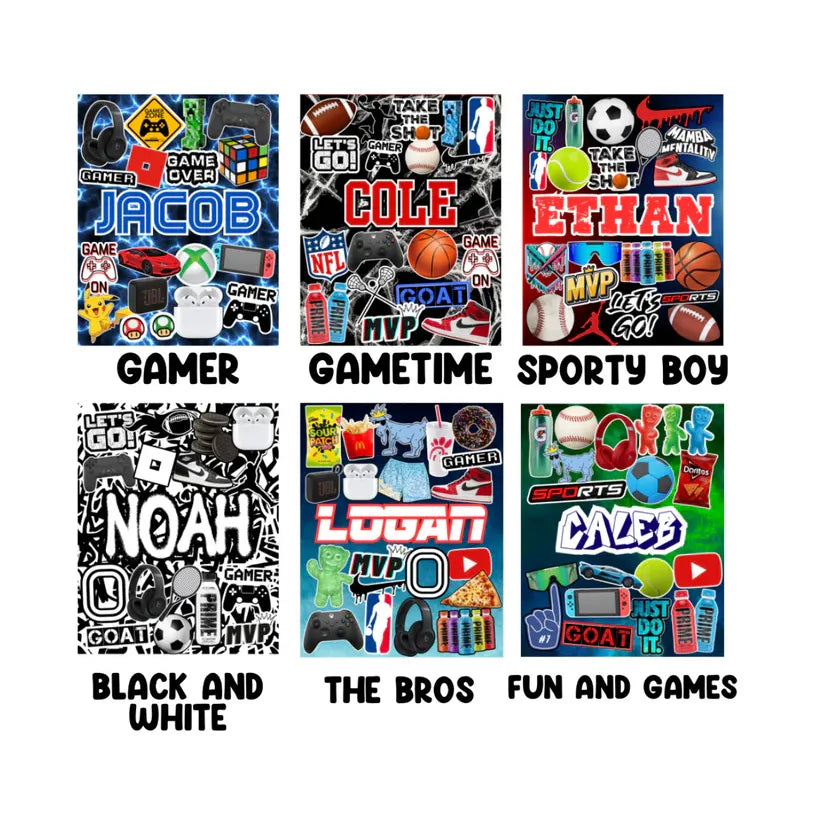 Six personalized collage designs featuring sports gaming and snack themed stickers with names for boys