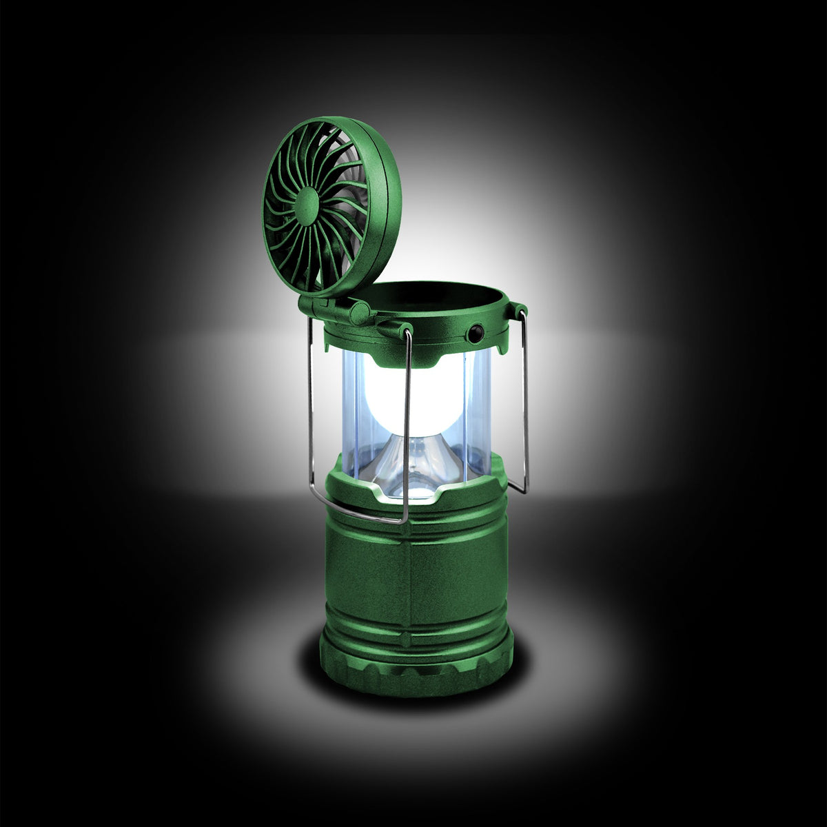 Green camping lantern with an integrated top fan and glowing LED light