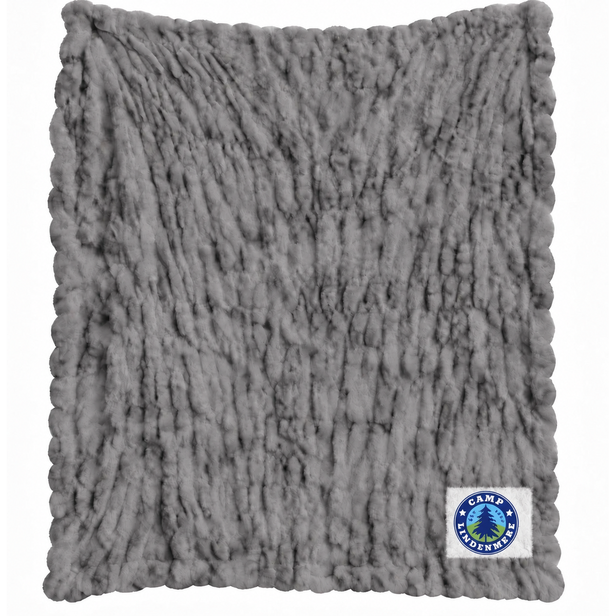 Grey textured plush blanket with Camp Lindenmere logo patch