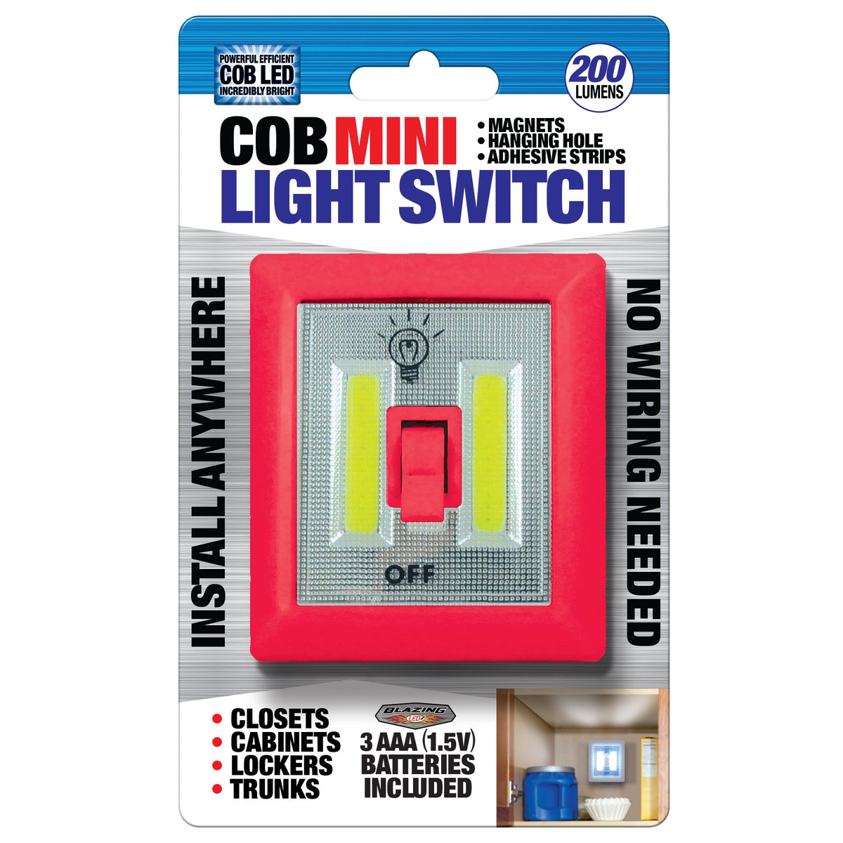 Red COB mini light switch in retail packaging