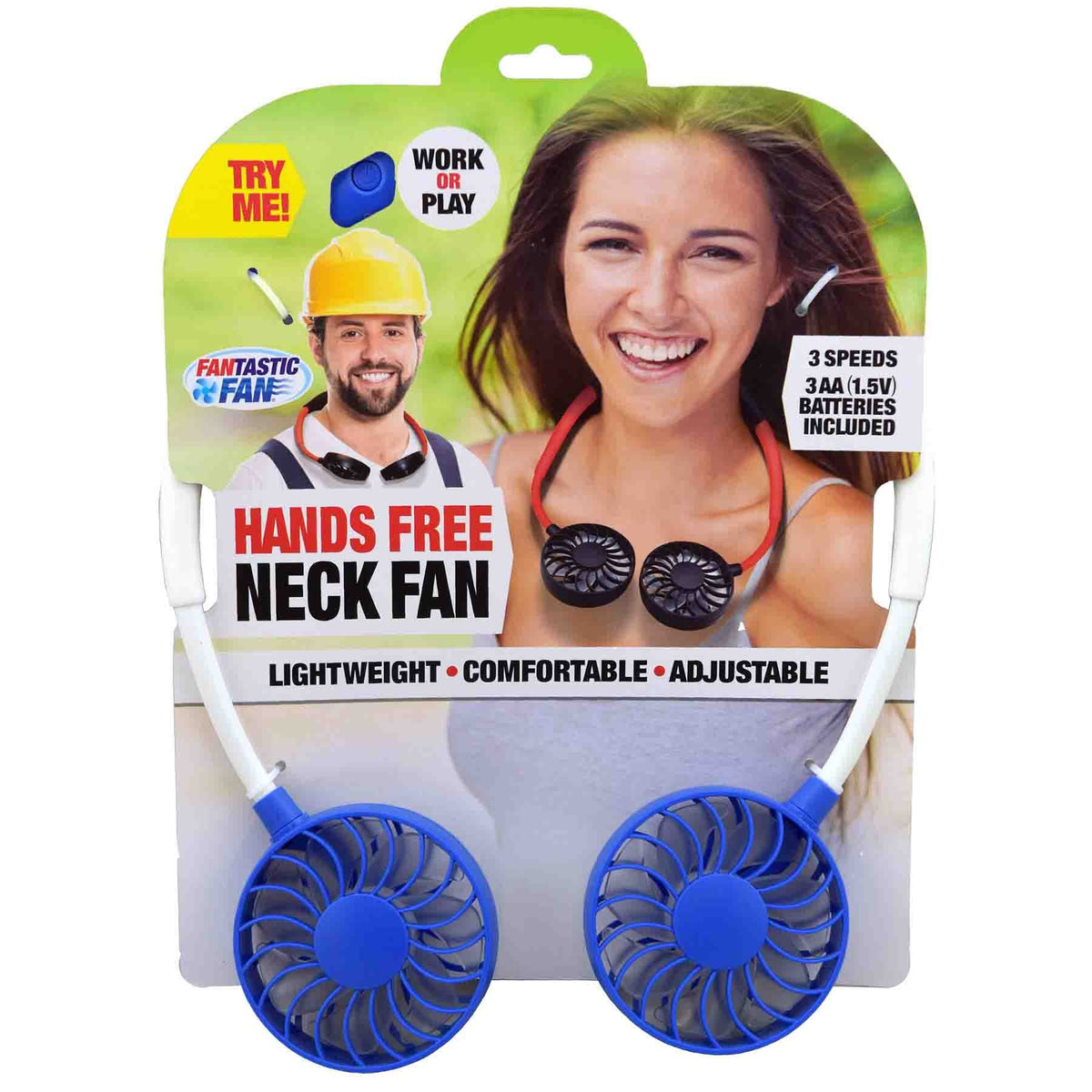 Hands free neck fan in retail packaging with two blue circular fans and white flexible arms
