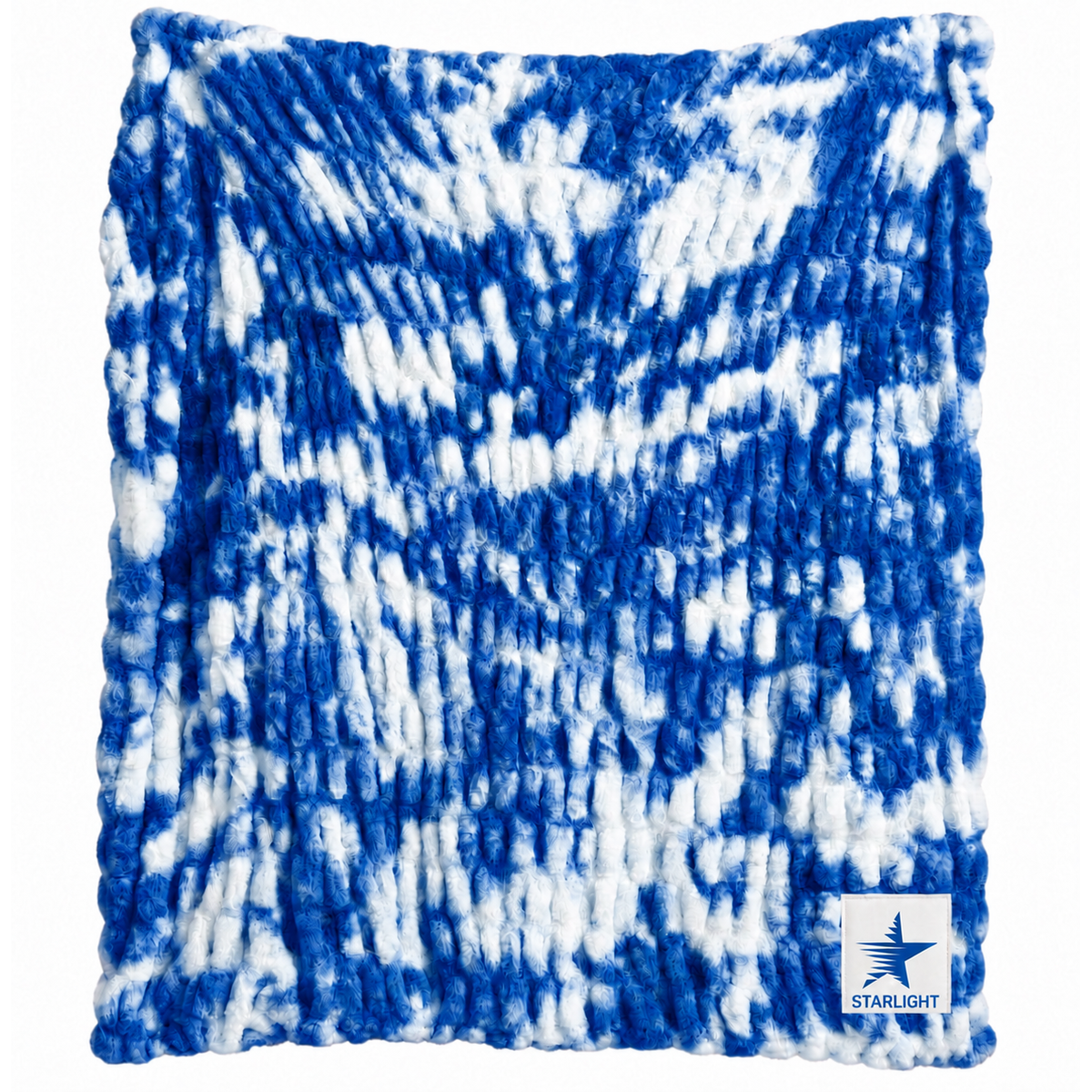 Blue and white tie dye textured knit blanket with Starlight brand logo