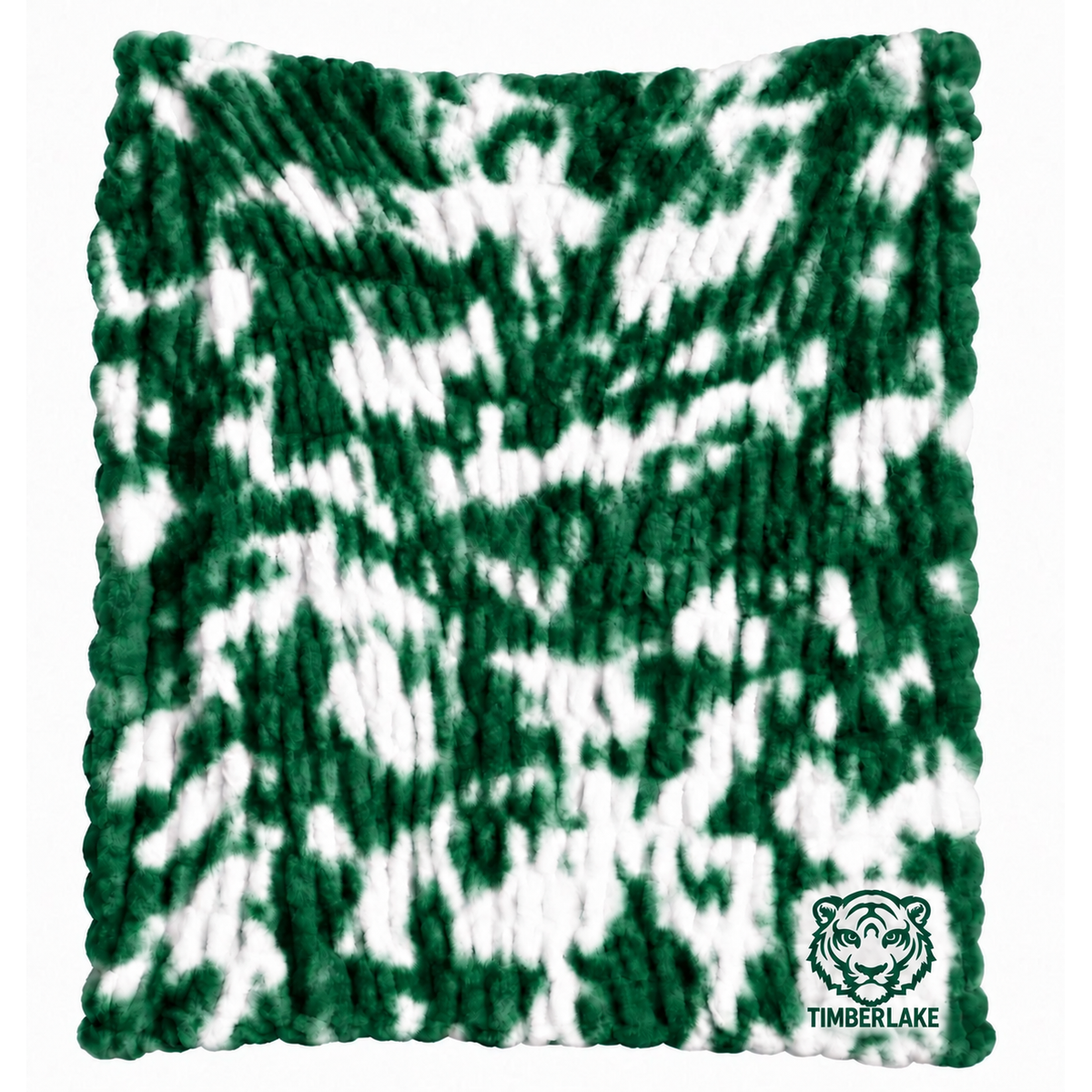 Green and white tie dye textured throw blanket with Timberlake tiger logo