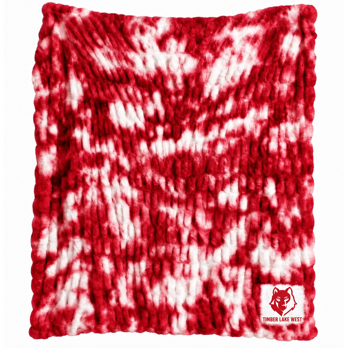 Red and white tie dye chunky knit blanket with Timber Lake West logo patch
