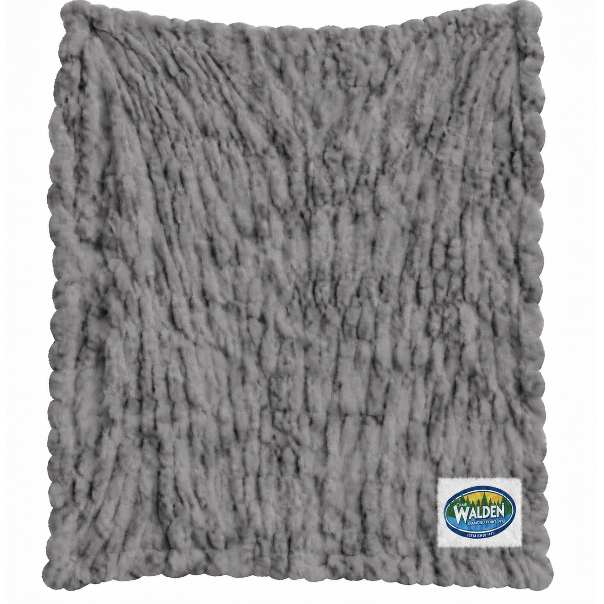 Grey textured plush blanket with Camp Walden logo patch