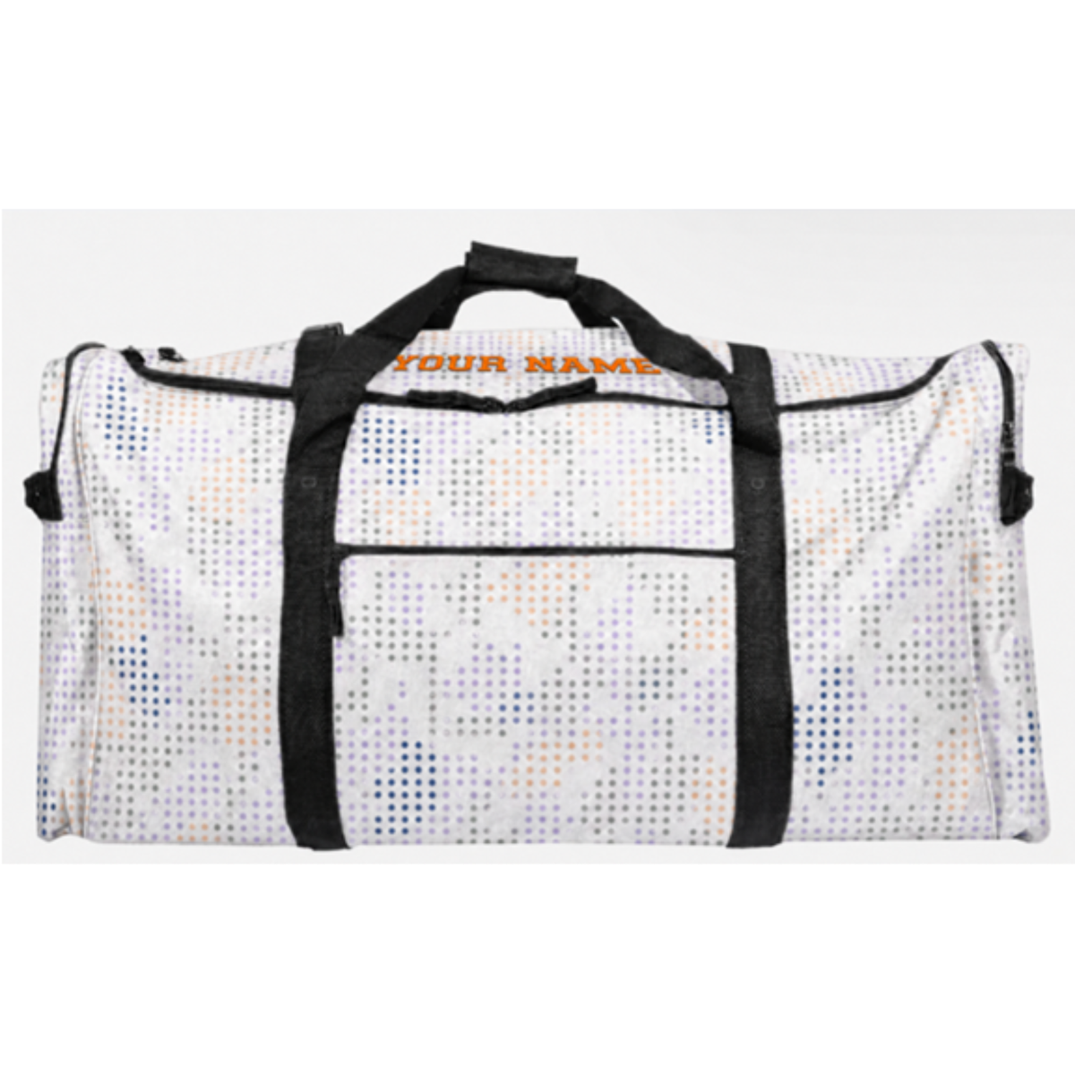 Duffle bag with white background and multicolored dot pattern featuring custom text area