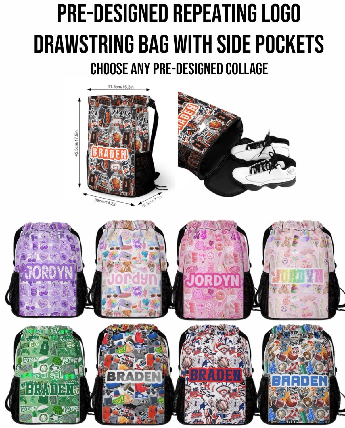 Create By D Pre-Designed Repeating Logo Drawstring Bag With Side Pockets